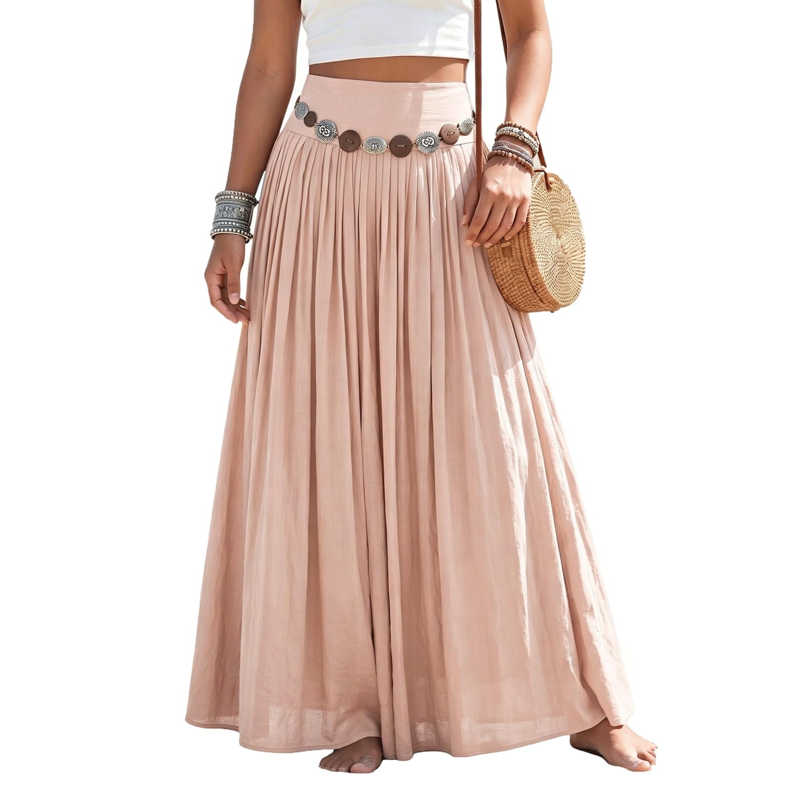UYHBCNQD Retro Midi Long Skirt Solid Color Women's Maxi Skirts with Waist Chain(Rose,Lagre)