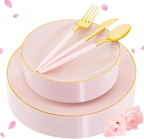 Vista 81 de Liacere 150 platos de plástico azul – cubiertos de plástico dorado con mango azul – Los platos desechables azul marino incluyen 30 platos