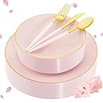 Liacere 150PCS Plastic Plates-Gold Plastic Silverware with Pink Handle - Pink Disposable Plates Include 30 Guests Plates, Forks, Spoons, Knives for WeddingEaster DayMother\'s DayValentine\'s Day