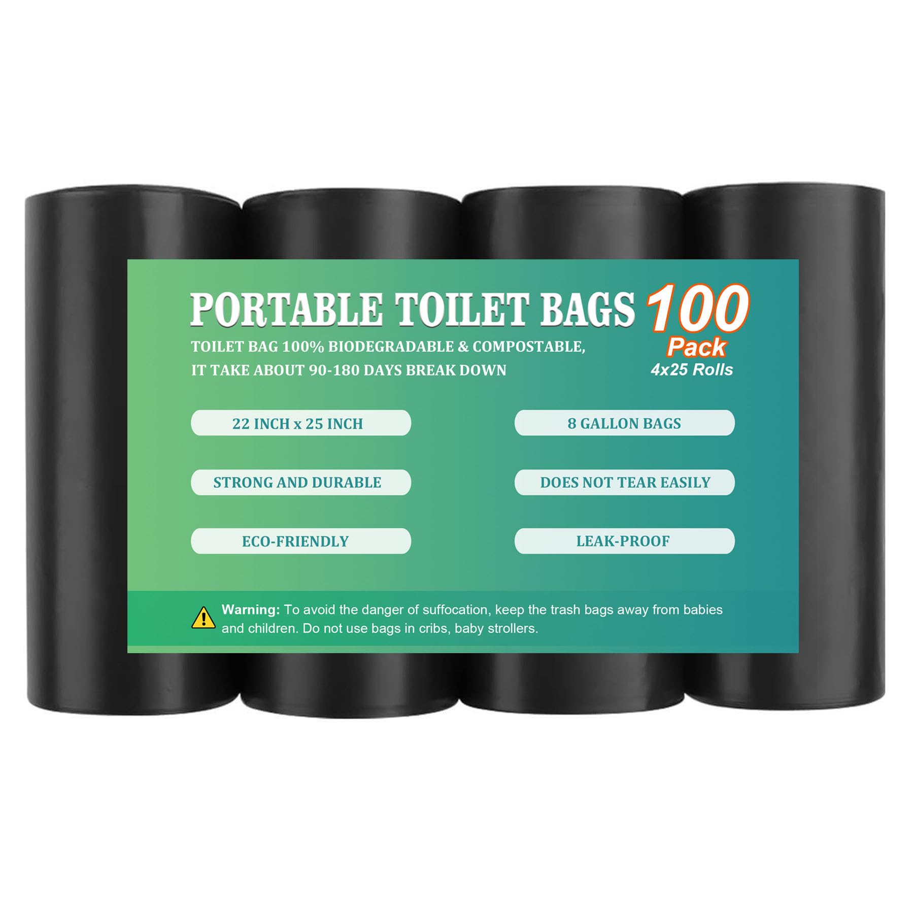 100PCS 8 Gallon Portable Camping Toilet Bags, Biodegradable Porta Potty Bags - 8 Gal Compostable Trash Bags Fit for 5 Gallon Bucket, Camping Poop Bag