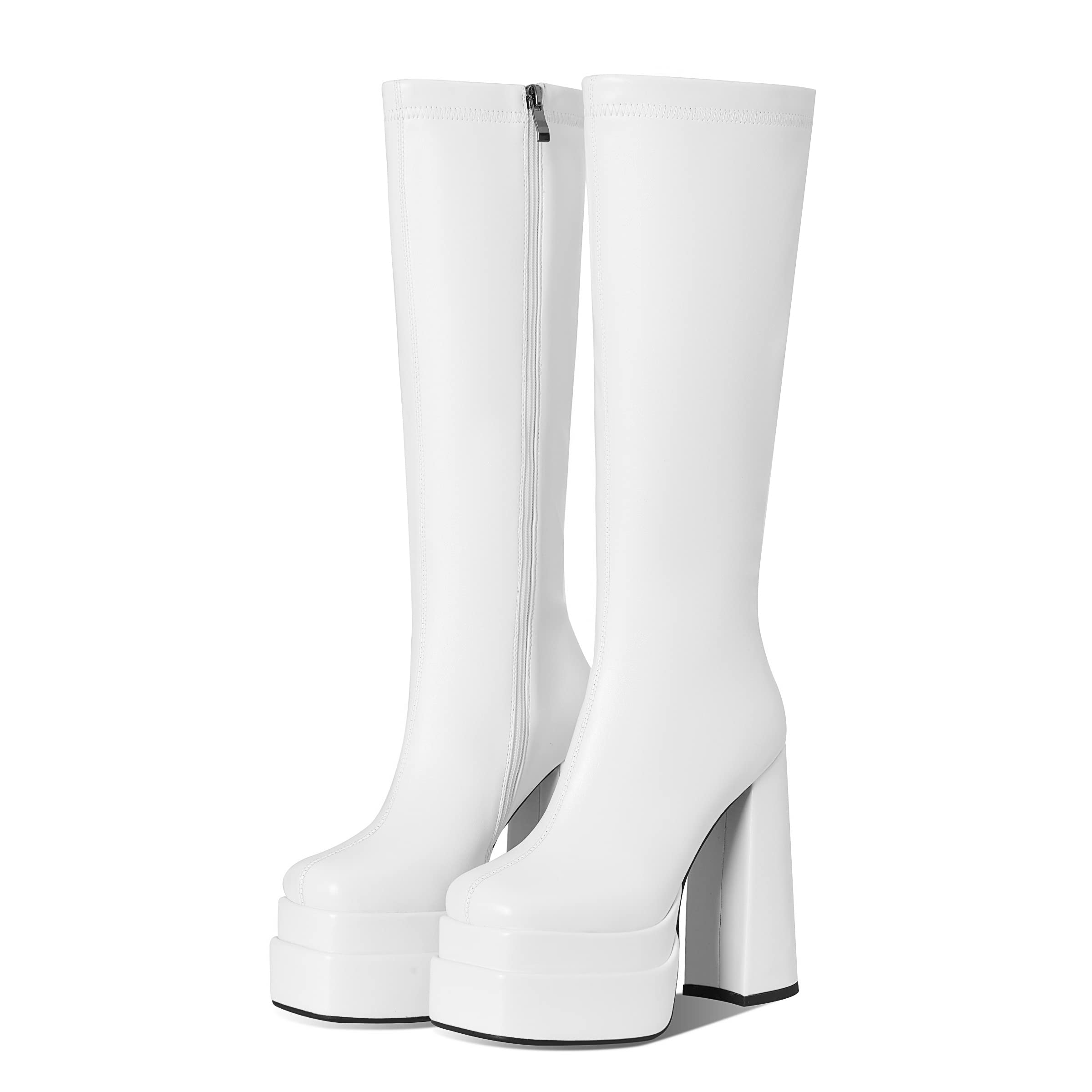 VOMIRAPlatform Boots for Women Square Toe Chunky High Heels Platform GoGo Boots Side Zipper Stretch Knee High Boots