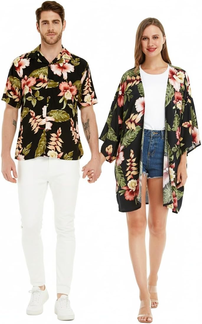 Matchable Couple Hawaiian Luau Shirt or Kimono in Pineapple Garden Black