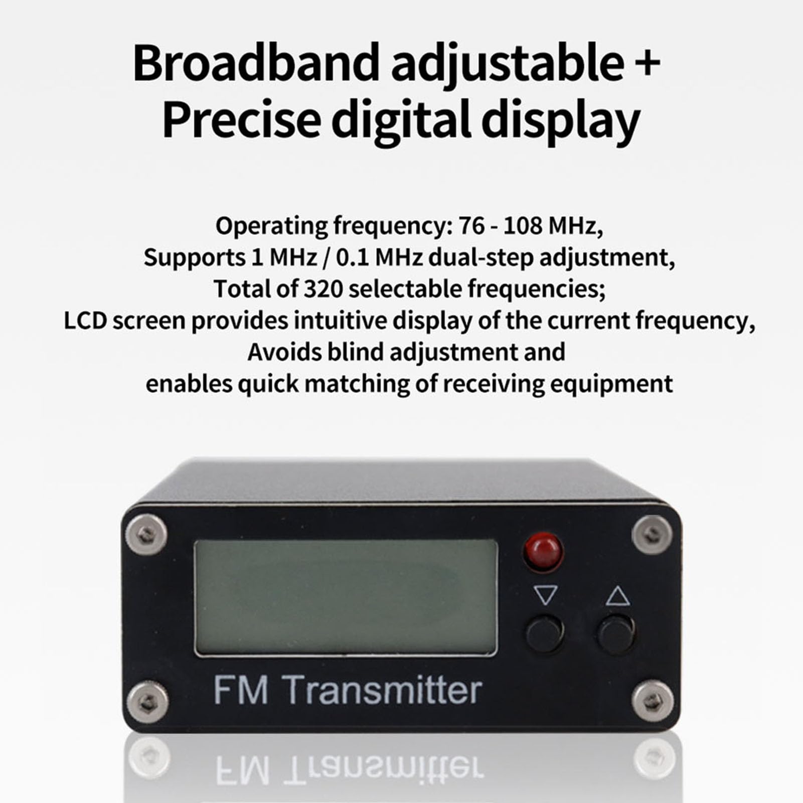 Digitales FM-Sendermodul, 0,5-W-Digitalanzeige, Stereo-FM-Radiosender, 76–108 MHz Einstellbare Frequenz, 2000 M Reichweite, Kompakter Tragbarer Sender für Telefon, PC, MP3 (Black)