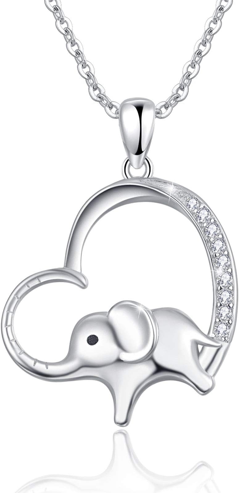 ABIGYElephant Necklace, 925 Sterling Silver Heart Elephant Pendant Cute Animal Elephant Jewellery Gift for Women Mum Birthday Mother's Day, Sterling Silver, Zircon