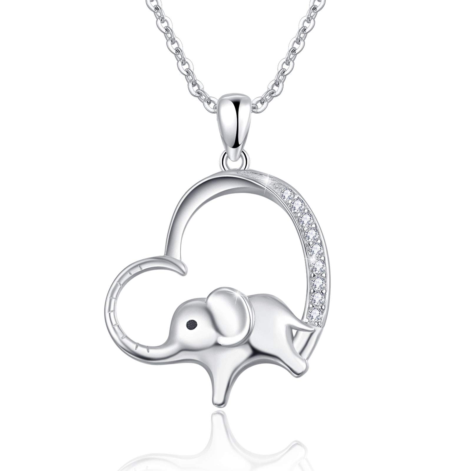 ABIGYElephant Necklace, 925 Sterling Silver Heart Elephant Pendant Cute Animal Elephant Jewellery Gift for Women Mum Birthday Mother's Day, Sterling Silver, Zircon