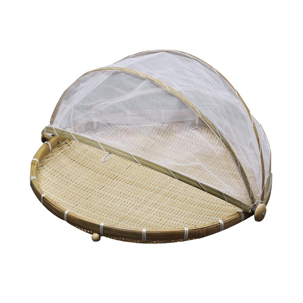 Bamboo Tent Basket, Round Bamboo Serving Food Tent Basket with Lid, Hand Woven Basket with Mesh Cover, Vegetables/Fruits, Bread, Storage Basket,