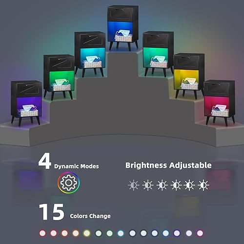 Miniatura 6 de Lerliuo Mesita de noche con estación de carga y luces LED, mesa auxiliar moderna con cajón y estante de almacenamiento abierto, mesita de noche con