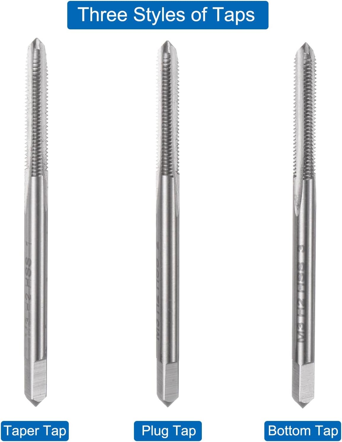 3pcs Metric Hand Tap Set, M3 x 0.5 Taper/Plug/Bottom Thread Screw Taps, High Speed Steel Hand Threading Tapping Tool Kit