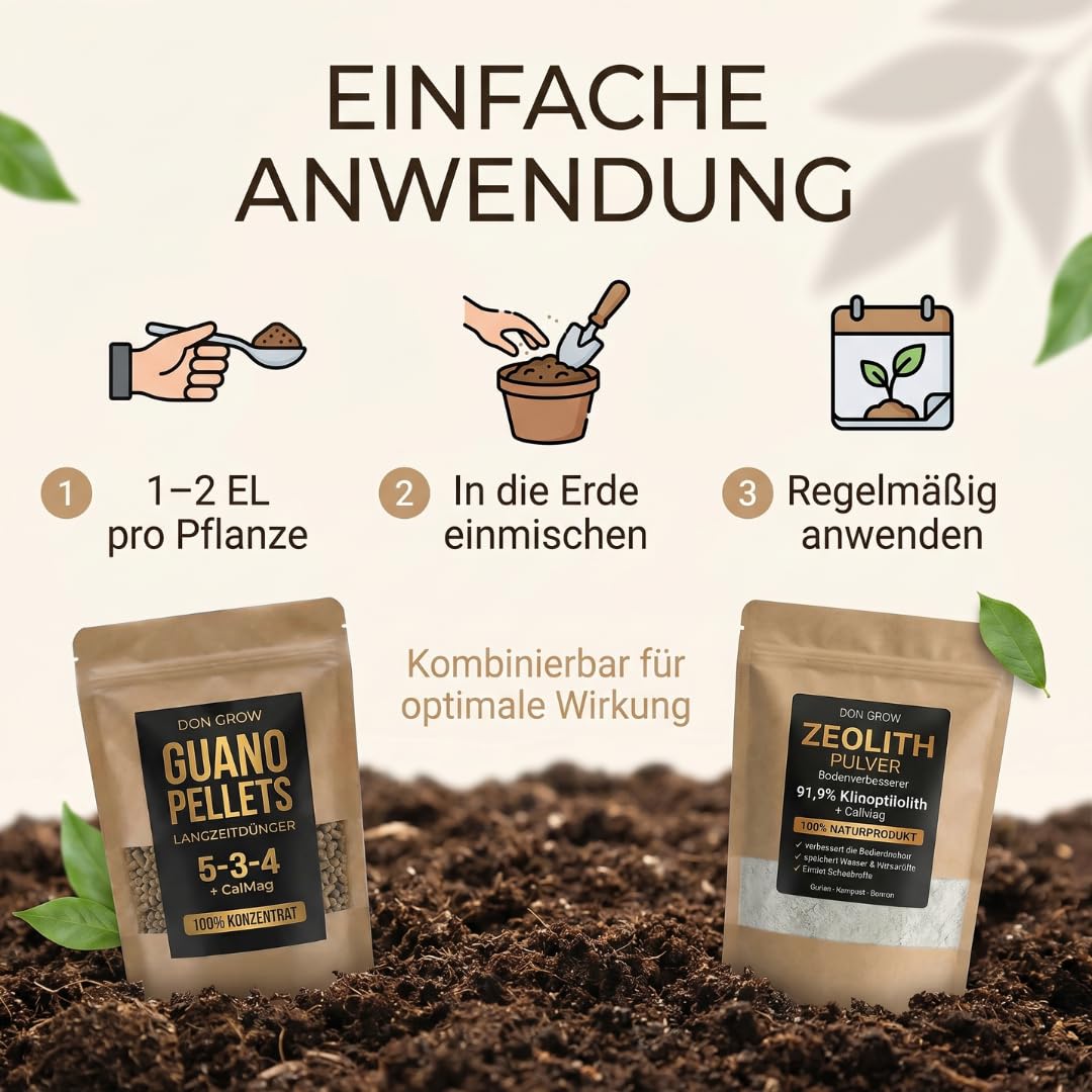 Langzeitdünger für Garten & Hochbeet – Guano Pellets + Zeolith Pulver als Bodenaktivator, Bodenverbesserer und Nährstoffspeicher – 7,5 Kg – Don Grow