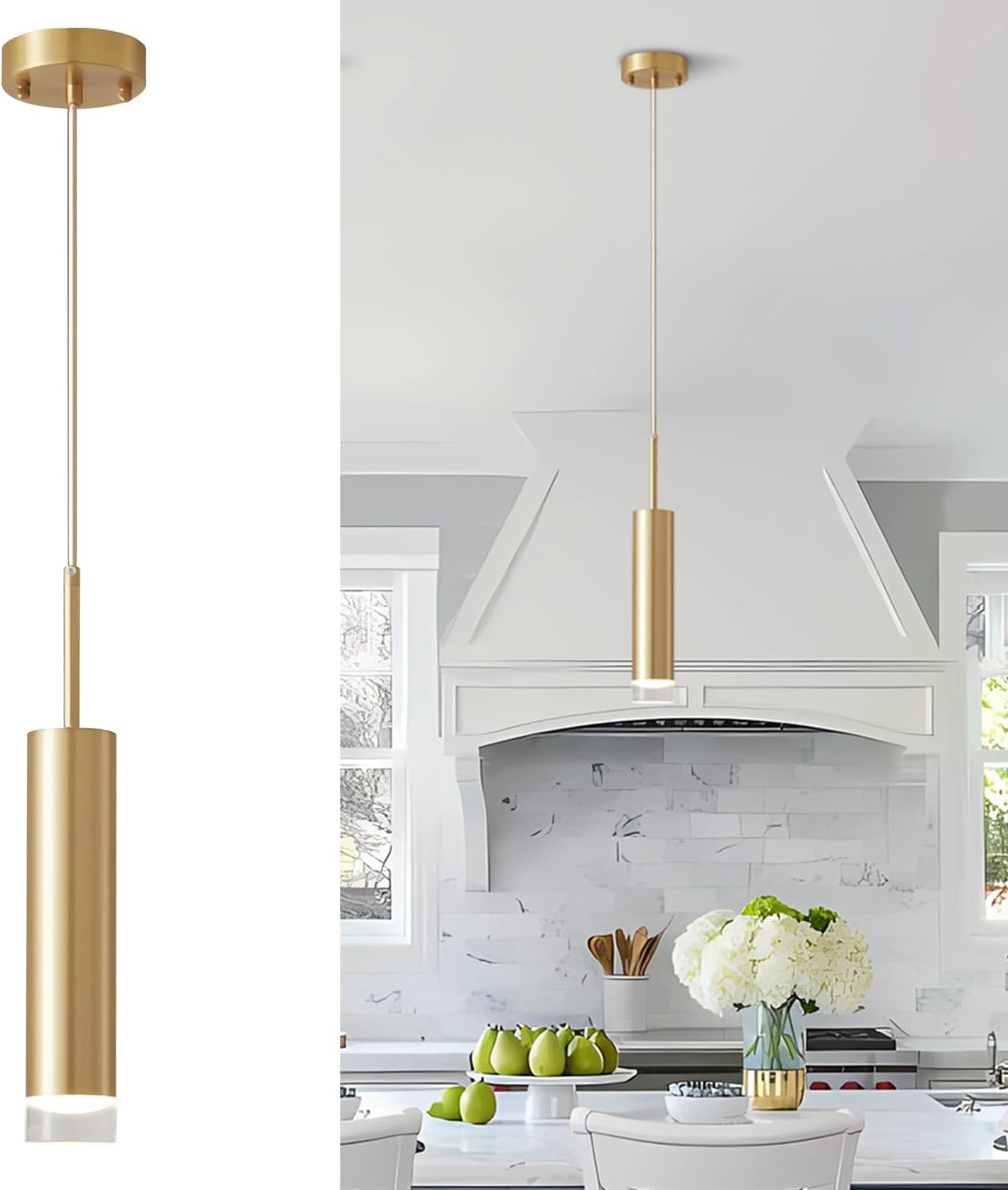 KCO Lighting LED Gold Mini Pendant Light Modern Kitchen Island Ceiling Hanging Light Fixtures Small Cylinder Ceiling Pendant Lighting for Bedroom, Dinning Room (Gold)