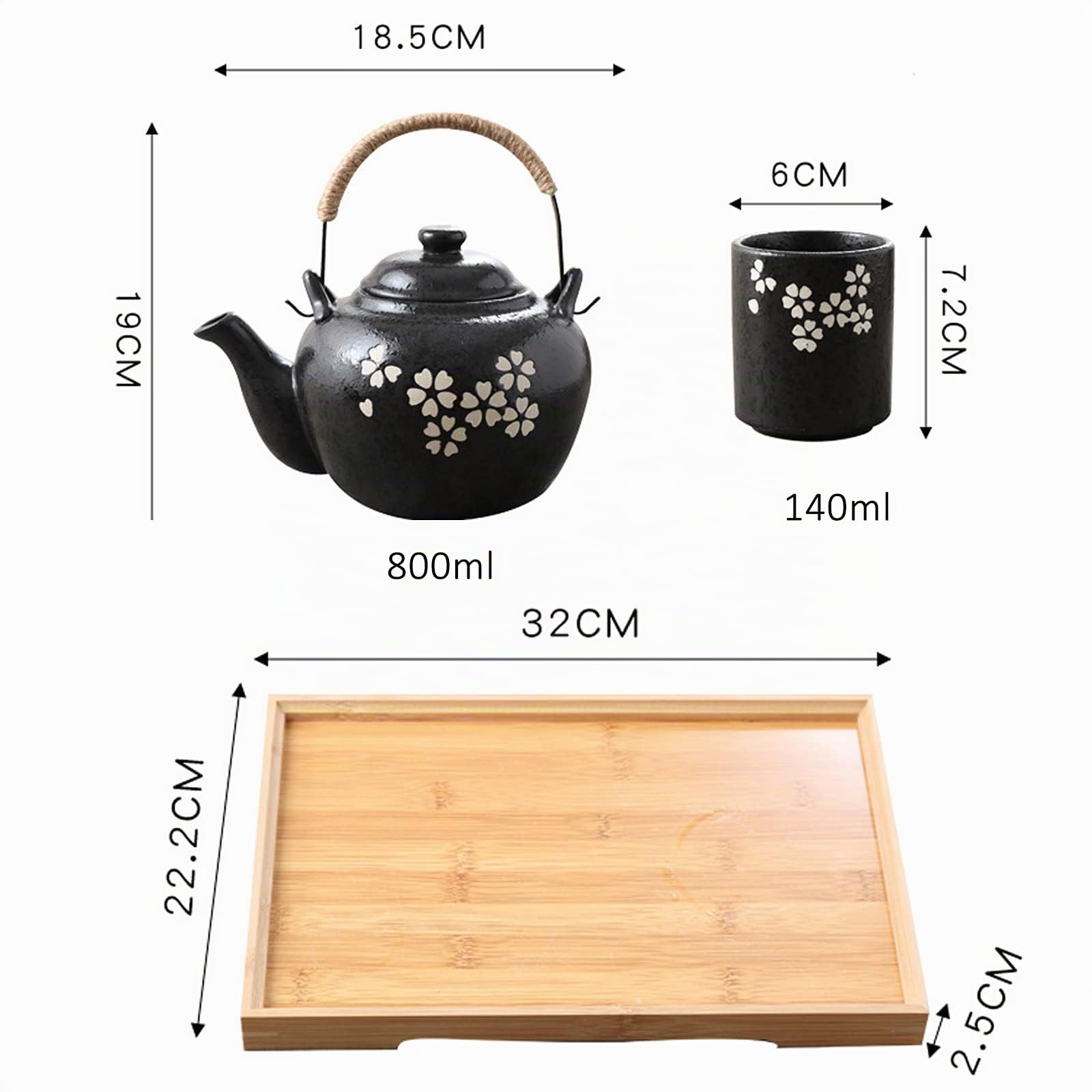 fanquare Service à Thé Japonais Kungfu avec Infuseur, Service à Thé à Motif de Fleurs de Cerisier Blanches, Théière en Porcelaine Faite à la Main avec Plateau à Thé en Bambou pour 4