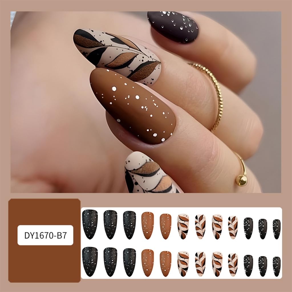 24 Pcs Fall Coffee Leaves Acrylic Nails Autumn False Nails Long Almond Full Covers Stick on Nails