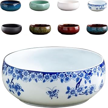 Lotus Bowl Planter, Round Ceramic Lotus Flower Bowl for Water Plants, Glazed Aesthetic Bonsai Planter for Indoor Plants, Unique Home Decor for Water Planting White 2