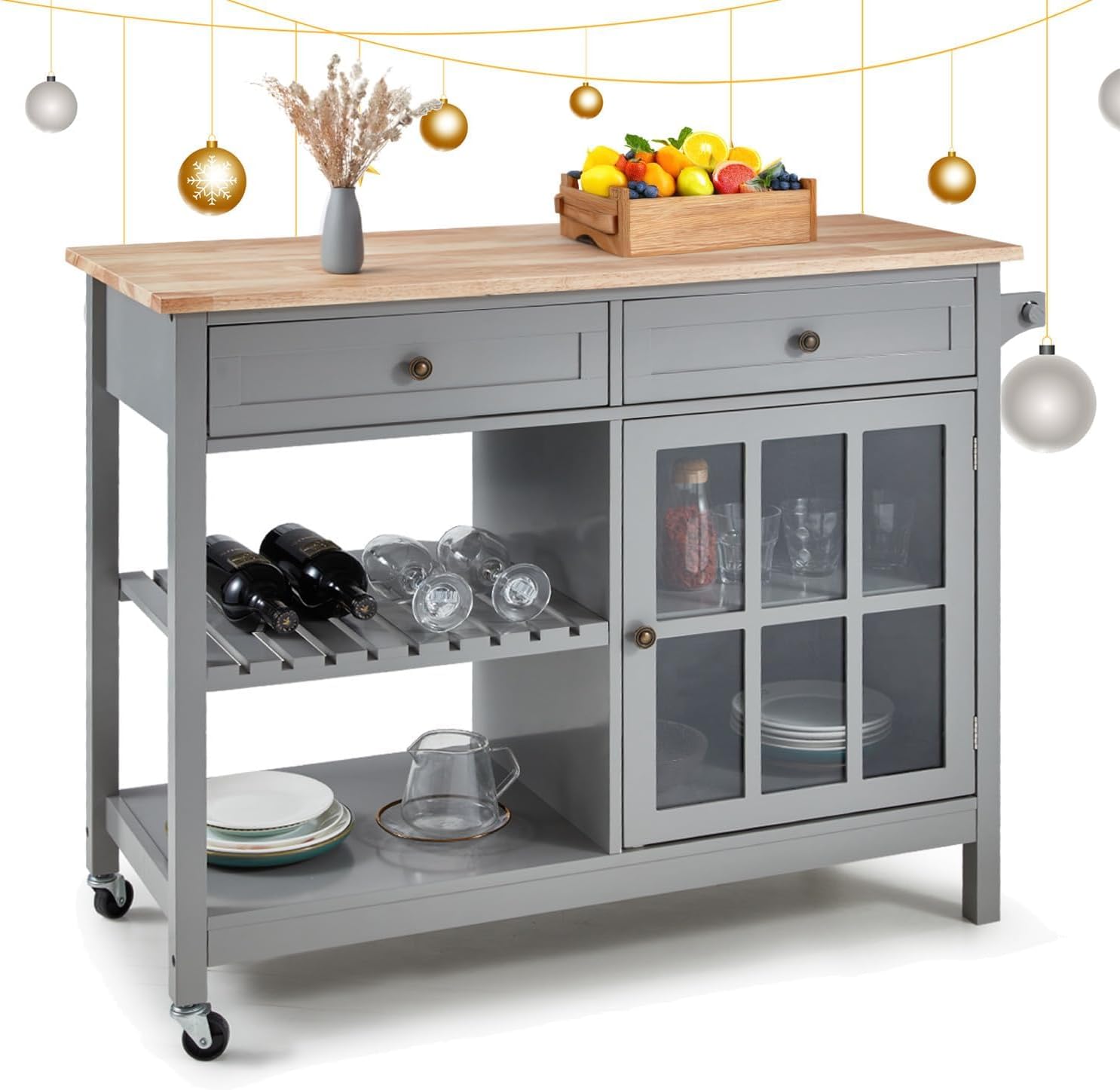 HOMHUM Rolling Kitchen Island Cart, 42" Width Kitchen Carts with Storage, Wood Tabletop, 2 Lockable Wheels, Towel Rack & Trolley Cart Utility Glass Cabinet & Open Display Shelf, Grey