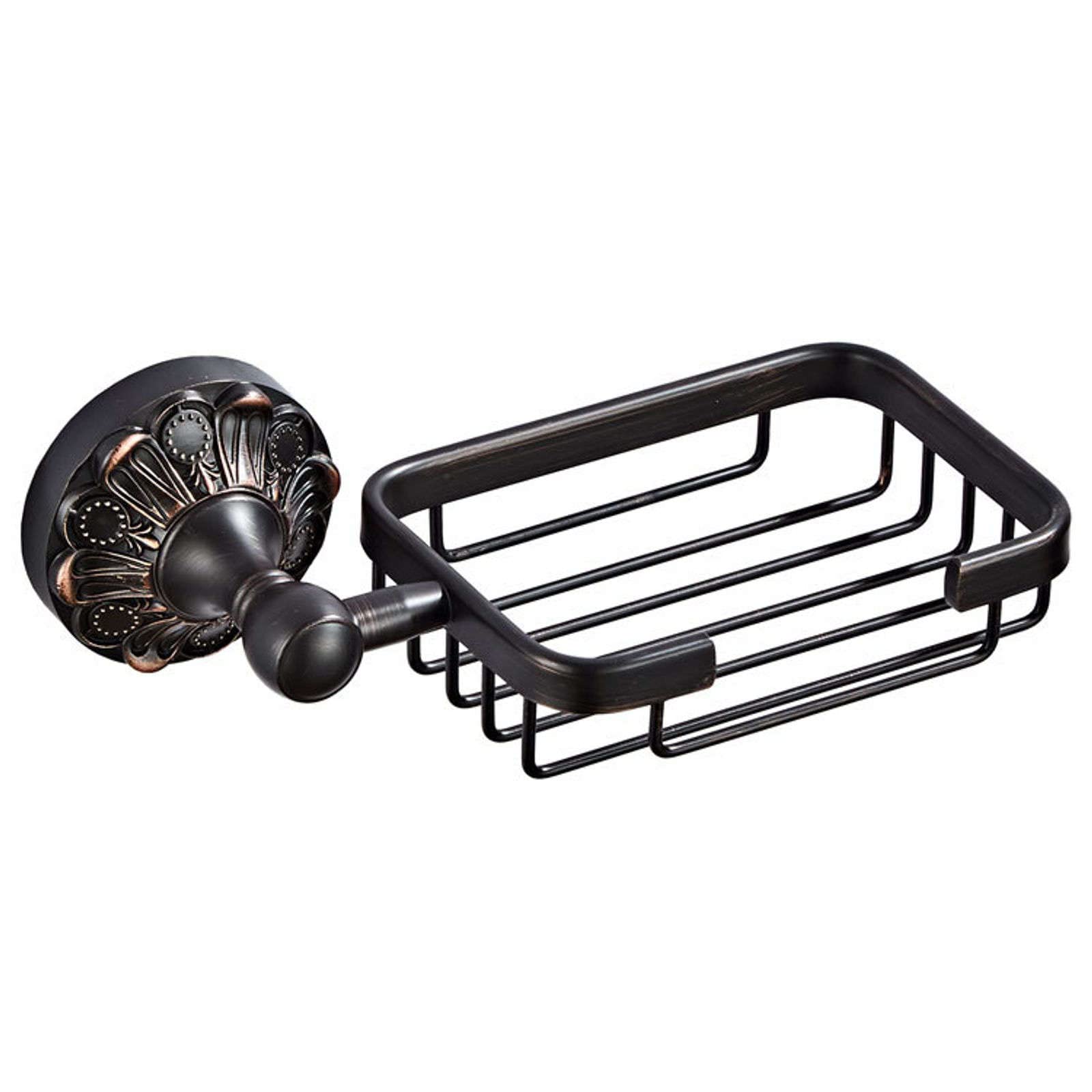 Jabonera de pared, jabonera, jabonera de latón antiguo europeo, jabonera negra mate for pared de ducha con decoración 3D, soporte de esponja montado en la pared, mantiene el jabón seco y drenaje rápid