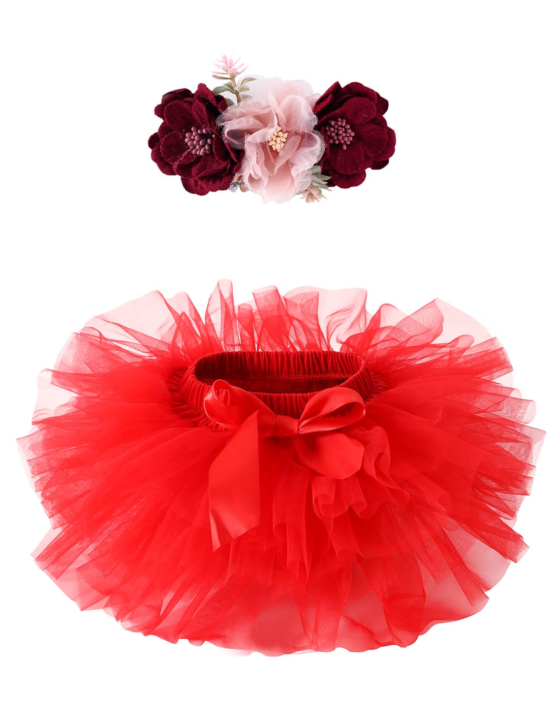 Baby Girls Tutu Skirts with Diaper Cover Newborn Tutu Skirts Sets with Headband for Birthday Photoshoot (0-6Months Red