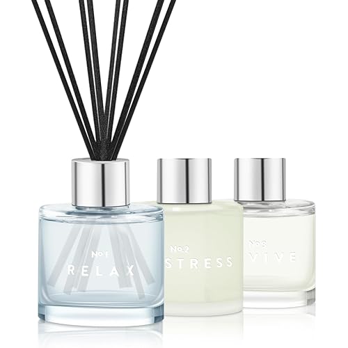 3 Pack Fragrance Reed Diffuser, 50ML Lavender Jasmine Freesia Aromatherapy Diffuser Set with 12 Black Fiber Sticks,Air Freshener for Bedroom Bathroom Office, 8.2X 6.6X 2.1 inch