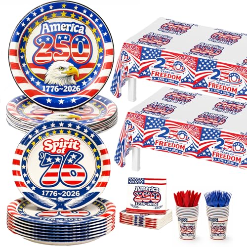 252 PCS 250th Anniversary USA Party Supplies 17762026 Patriotic American Decorations Serve 50 Guests Includes Plates Cups Napkins Tablecloths Red Knives & Blue Forks for 4th of July -
