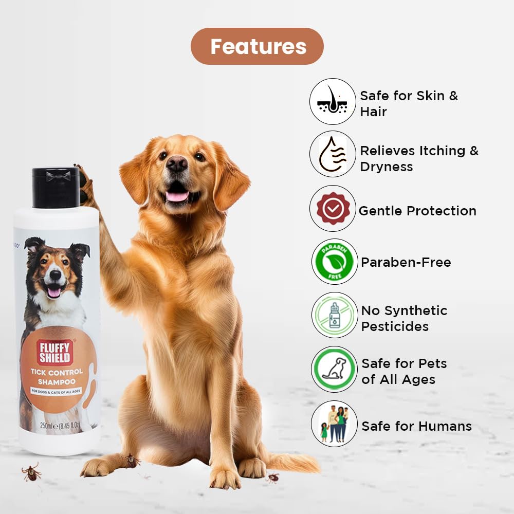 FluffyShield Tick Control Shampoo for Dogs & Cats | IR 3535 Formula by Merck | Long-Lasting Protection Against Ticks & Fleas | Safe for All Ages | 250ML 4