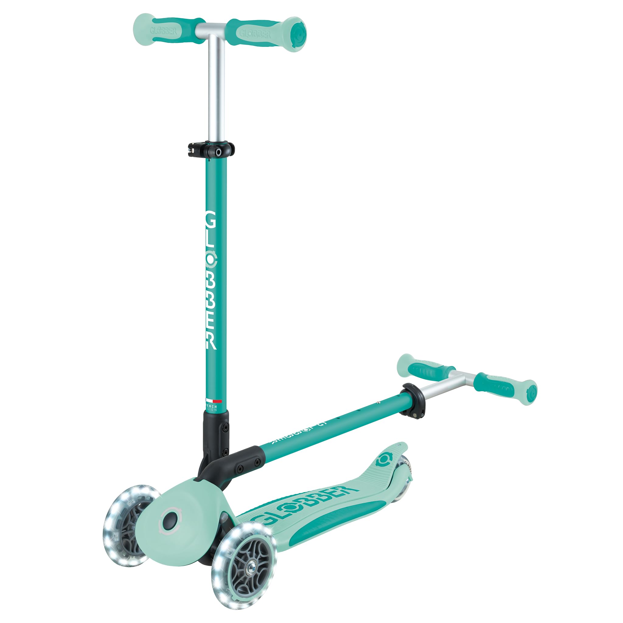 GLOBBER GO-UP Deluxe Lights 360 Roue de siège 3 en 1 avec roues LED, 120/80 mm, réglable, 3 roues, menthe