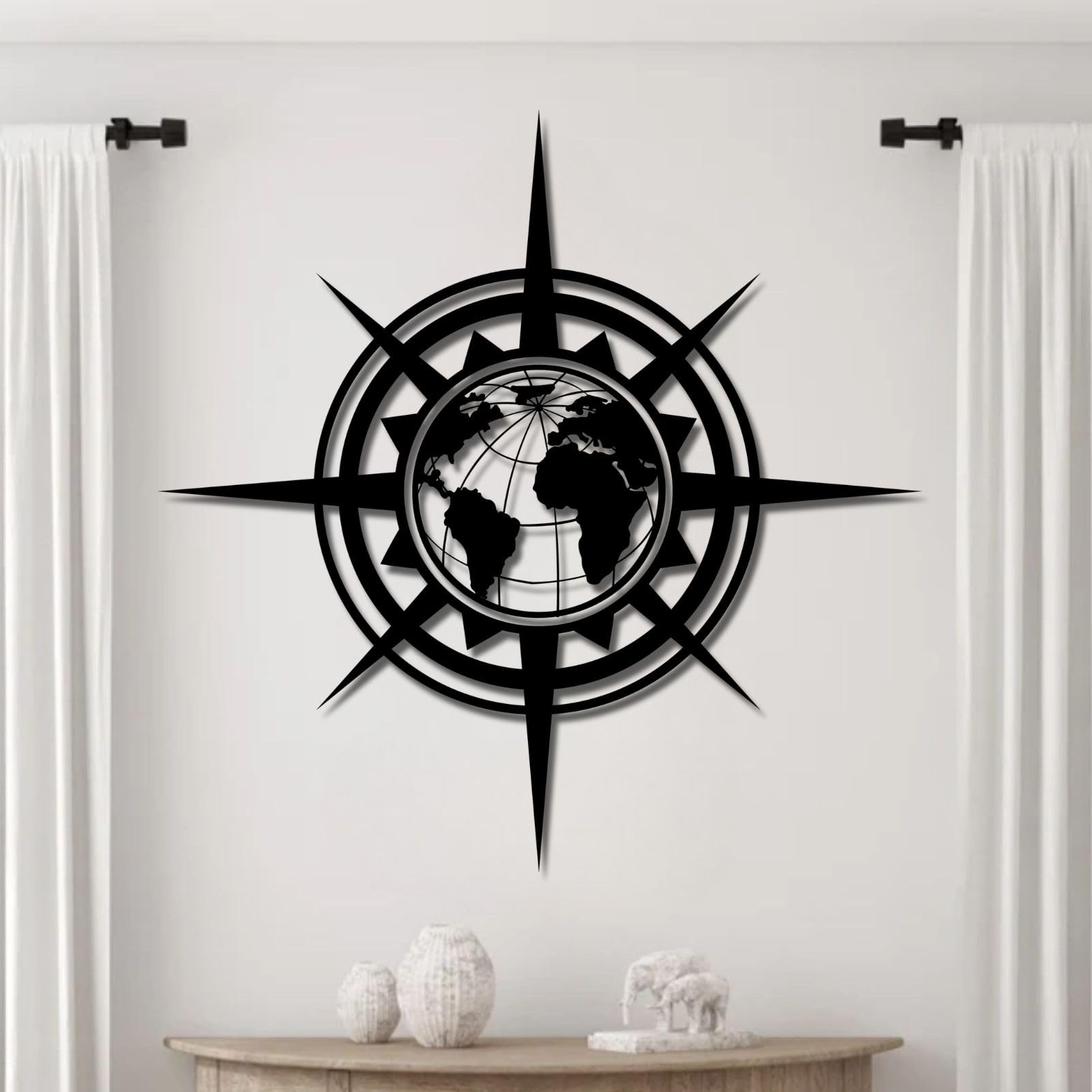 Genérico Brújula Decorativa de Metal para Pared, Mapa del Mundo de Metal para Pared, Arte náutico para Pared, brújula Grande de Metal para decoración de Pared Exterior (Negra, 60 x 60 cm).