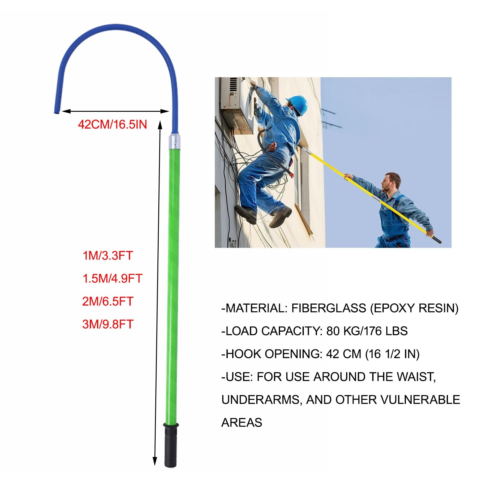 Gancho de Rescate Aislado Gancho de Rescate de Seguridad Eléctrica para Electricistas, Gancho de rescate de alto voltaje con aislamiento desmontable para fábricas y hogares(3m/9.8ft)