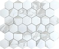 Vista 1 de DICOFUN 1-Sheet White Hexagon Tile Peel and Stick Backsplash, Marble Look PVC Mixed Silver Metal Mosaic Tiles for Kitchen and Bathroom