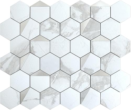 DICOFUN 1-Sheet White Hexagon Tile Peel and Stick Backsplash, Marble Look PVC Mixed Silver Metal Mosaic Tiles for Kitchen and Bathroom