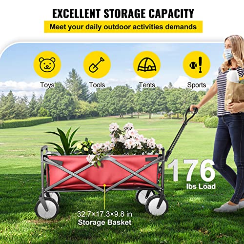 Vevor Wagon Cart, Collapsible Folding Cart With 176Lbs Load, Outdoor Utility Garden Cart, Adjustable Handle, Portable Foldable Carts And Wagons For Beach, Camping, Grocery, Red/Gray #TOP2