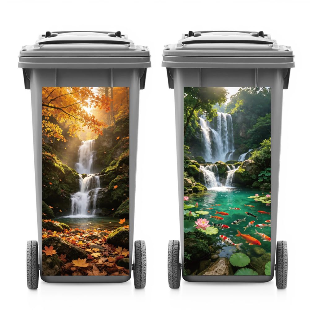 ANATTASOUL 2 Sheets Spring Wheelie Bin Stickers Waterfalls Scenery Waterproof Dustbin Covers Decor, 14.9"x 32.2" Adhesive Large Decal for Bins, Fridge, Wall Outdoor, Indoor Decoration