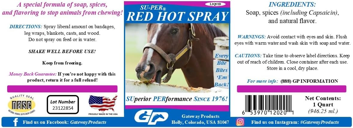 SU-PER Red Hot Spray Chewing Deterrent – Horse Anti Chew Liquid Pepper Spray – Stops Horses from Chewing and Cribbing – 1 Quart, (2 Pack) + Sprayer