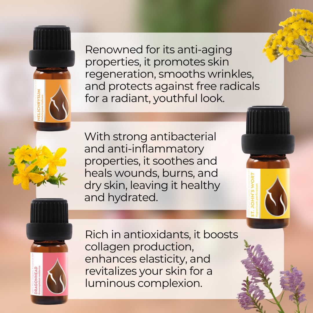 3er Set Schöne Haut Bio-Ätherische Öle | 3 x 5 ml | Strohblume, Moldawischer Drachenkopf, Johanniskraut | 100 % rein und natürlich | Unverdünnt | Gentechnikfrei | 3 Stück