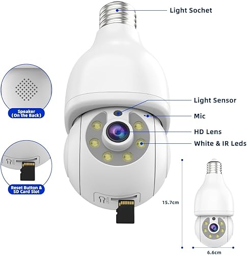 Miniatura 8 de EVERSECU Cámara de seguridad con bombilla HD de 2K, WiFi inalámbrica de 2.4G y 5Ghz, interior y exterior, compatible con Onvif, transmisión RTSP