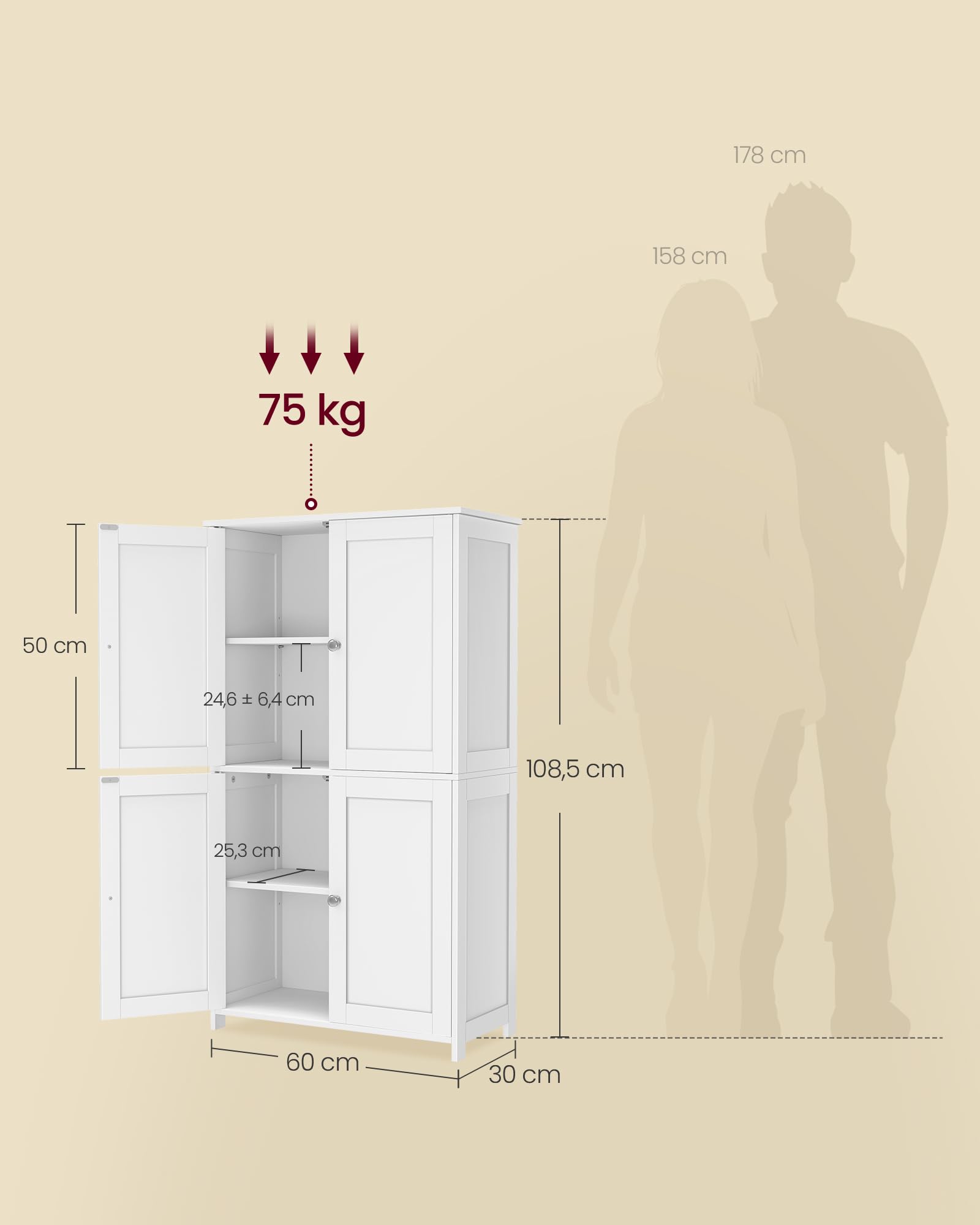 VASAGLE Mueble de Baño, Armario de Almacenaje, con 2 Estantes Regulables y 4 Puertas, Mueble Alto para Cocina, Blanco Nube BBC553WH01