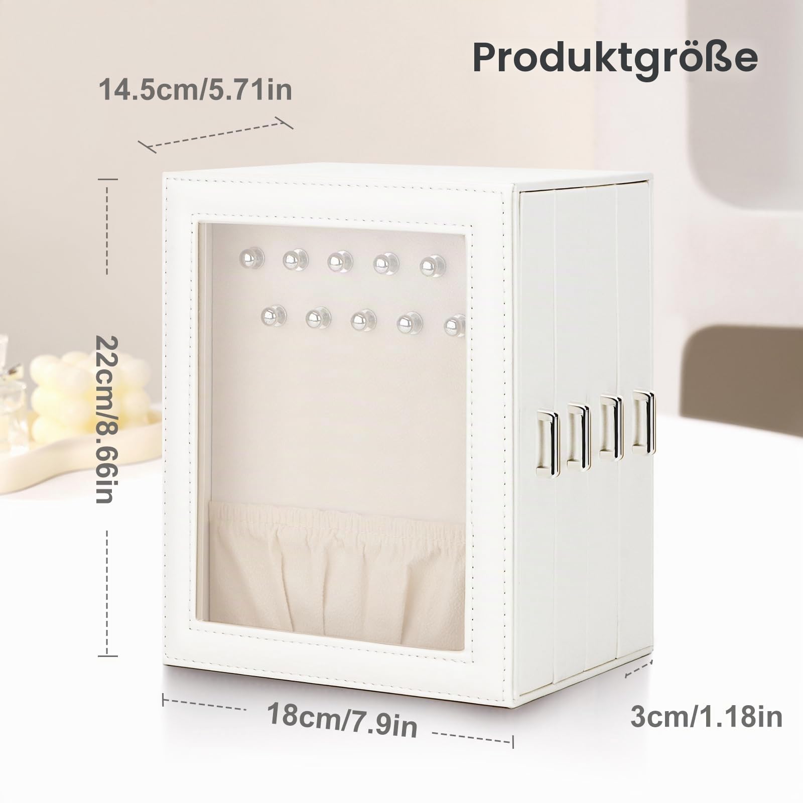DesignSter Schmuckkästchen, Schmuckschatulle für Damen, PU Schmuckbox mit 4 Seitlichen Schubladen, Schmuckaufbewahrung für Ohrringe, Halsketten, Ringe, Armbänder, Uhren, Beige