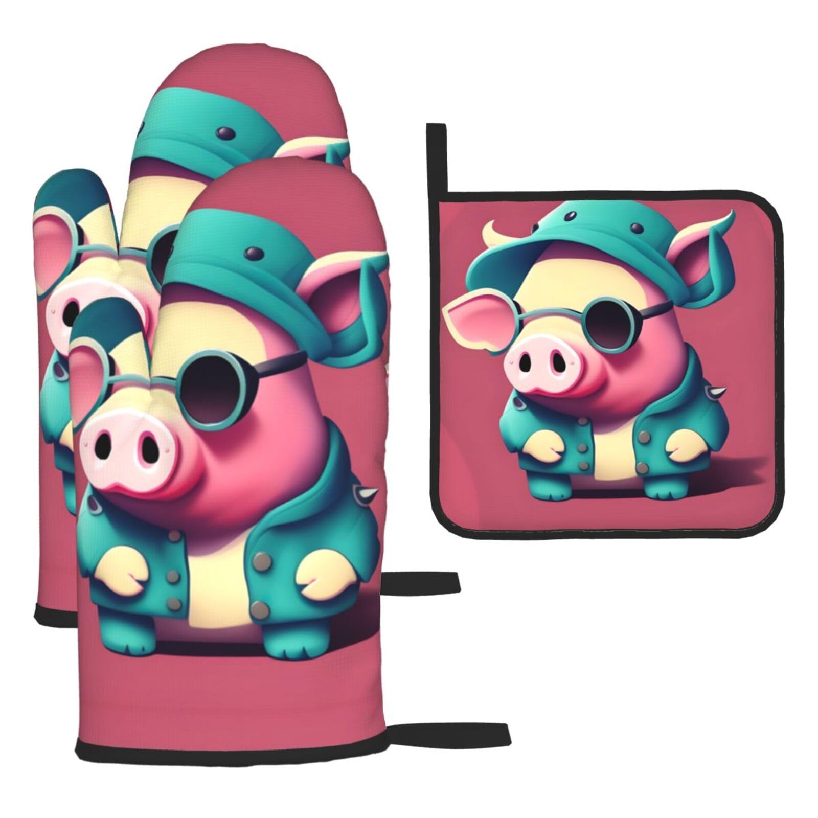 Cute Pig Print Oven Mitts and Pot Holders,Non-Slip Pot Holders for Kitchen,Thick Potholders for Baking Grilling