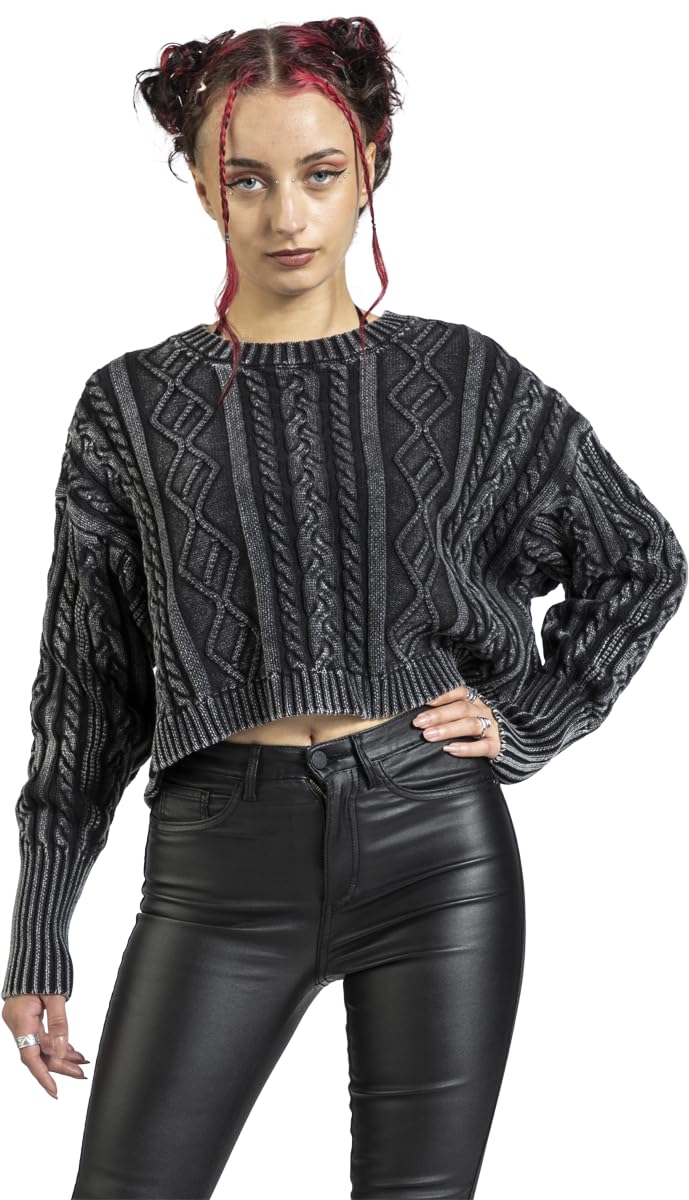 Black Premium by EMP Damen schwarzer Strickpullover mit Acid Wash und Daumenlöchern