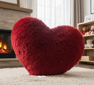 Plush Heart Shaped Decorative Pillow, Red Fluffy Throw Cushion, Romantic Home Decor for Living Room, Valentine's Day Gift... Price In India