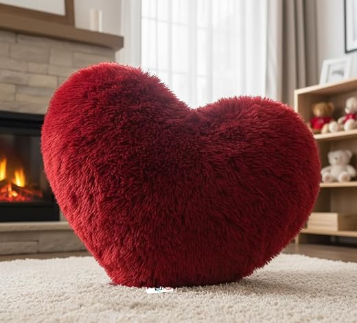 Plush Heart Shaped Decorative Pillow, Red Fluffy Throw Cushion, Romantic Home Decor for Living Room, Valentine's Day Gift...