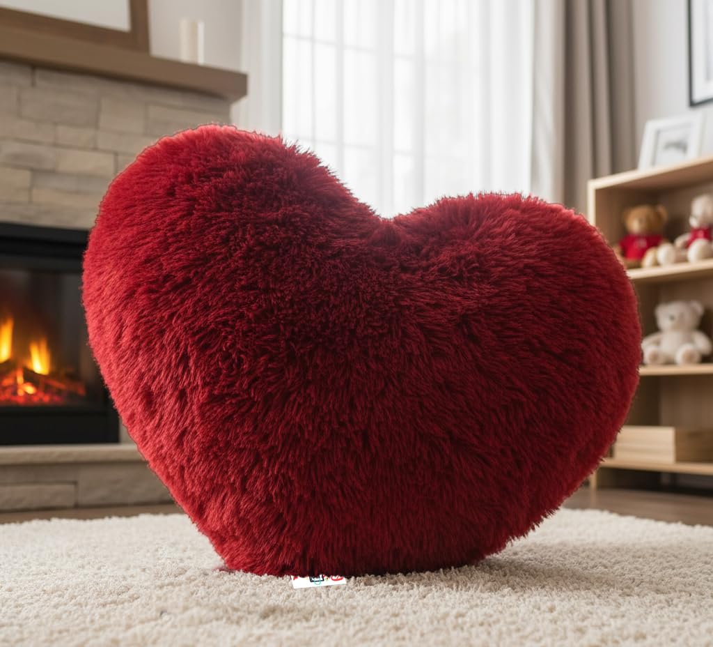 Plush Heart Shaped Decorative Pillow, Red Fluffy Throw Cushion, Romantic Home Decor for Living Room, Valentine's Day Gift...