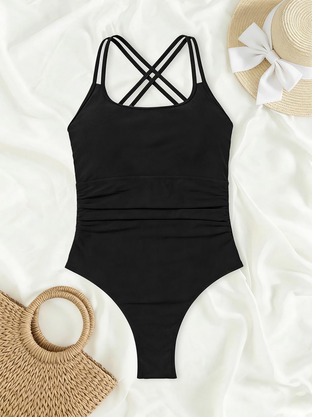 Sexybody Women Sexy One Piece Swimsuit Cheeky Thong Ruched Bathing Suit Tummy Control High Cut Crisscross Swim Suits