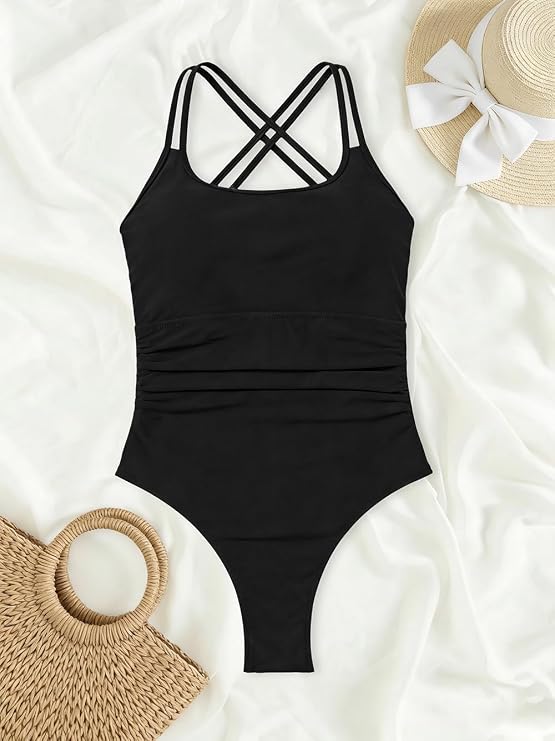 Sexybody Women Sexy One Piece Swimsuit Cheeky Thong Ruched Bathing Suit Tummy Control High Cut Crisscross Swim Suits