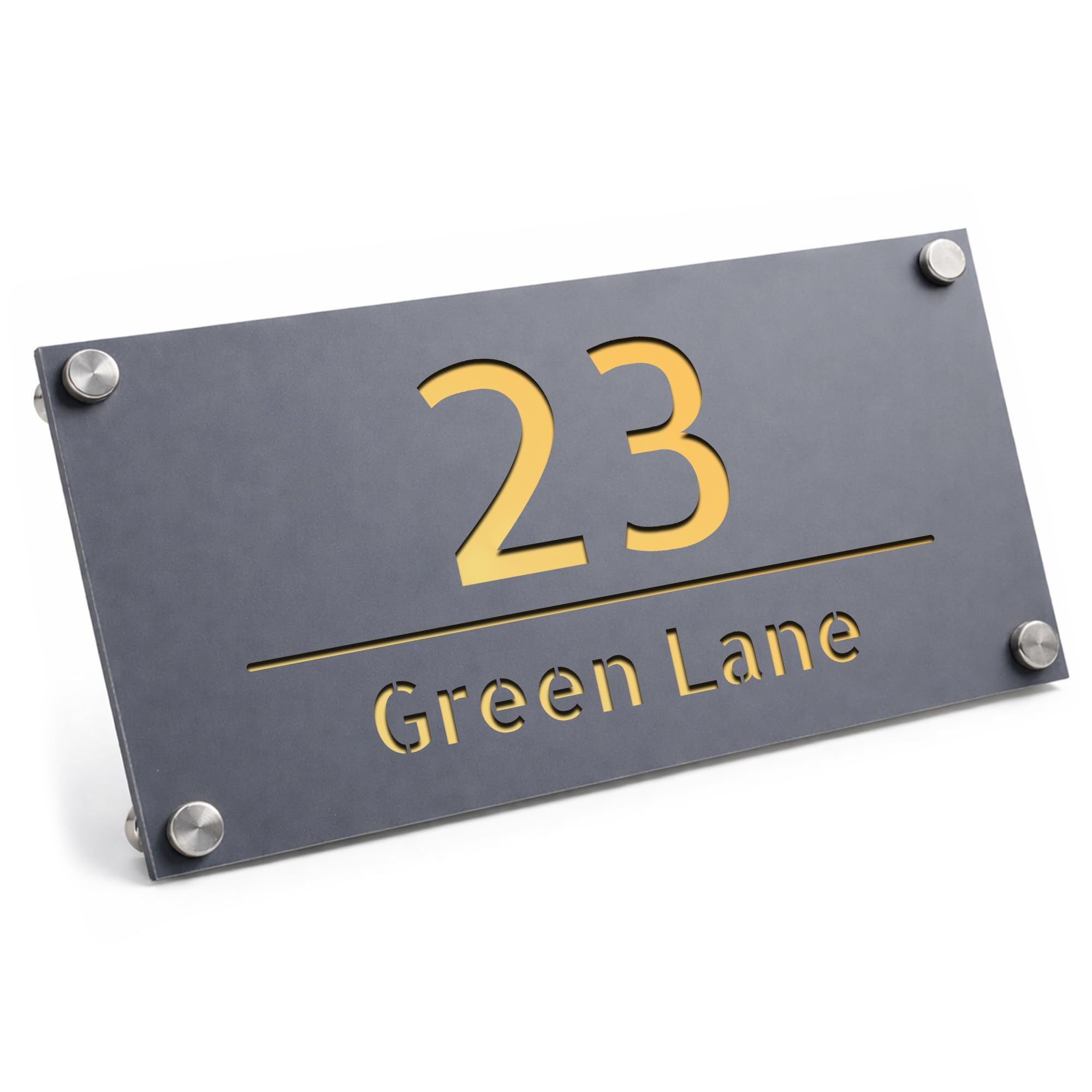 Red Ocean House Number Plaques - Matt Grey House Sign Plaque | Door Number For Outside Wall | Personalised Address Signs | Street Address Plaques (Matt Grey + Gold)