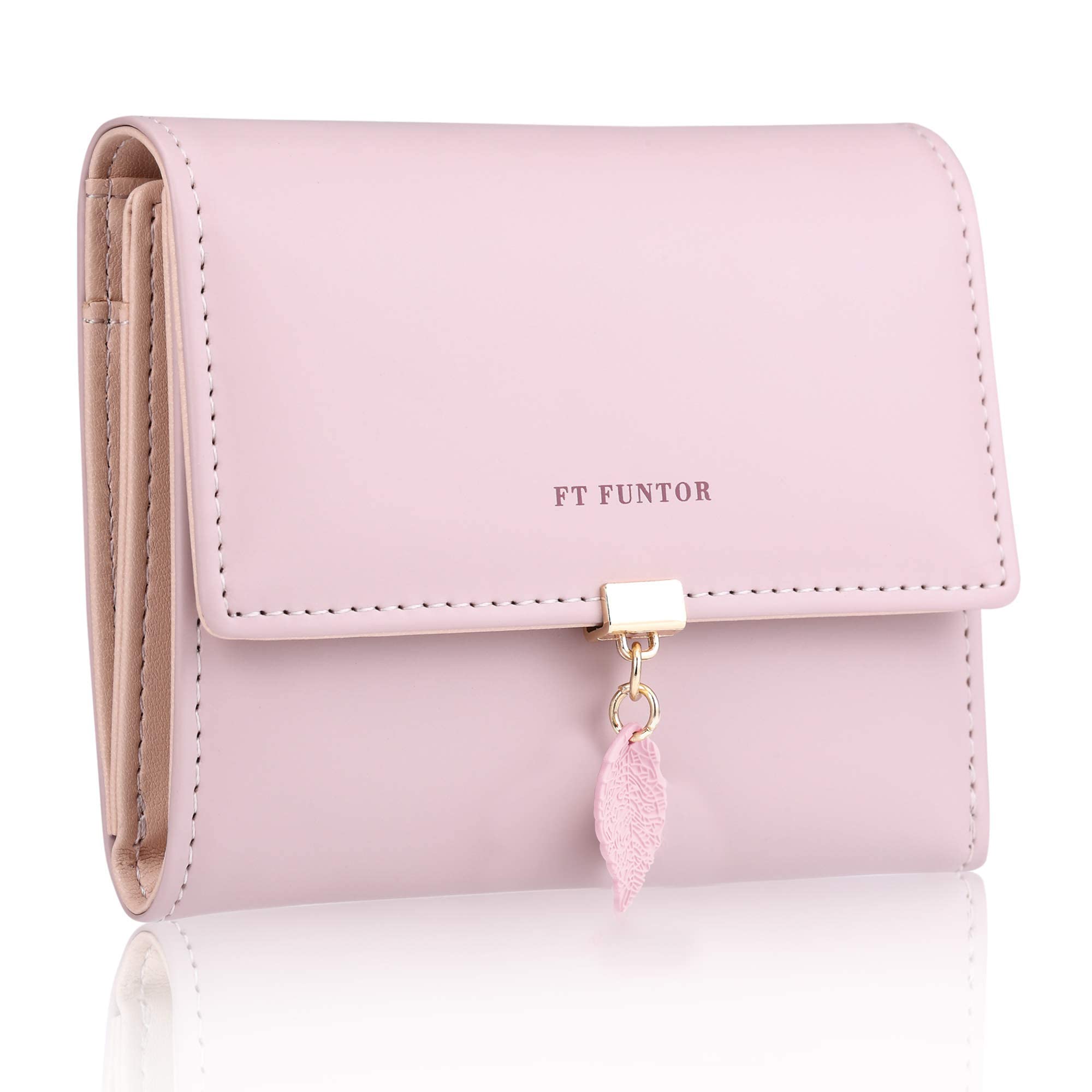 FT FUNTOR RFID Wallets for Women, Leaf Card Holder Trifold Ladies Wallets Coins Zipper Pocket with ID Window Pink