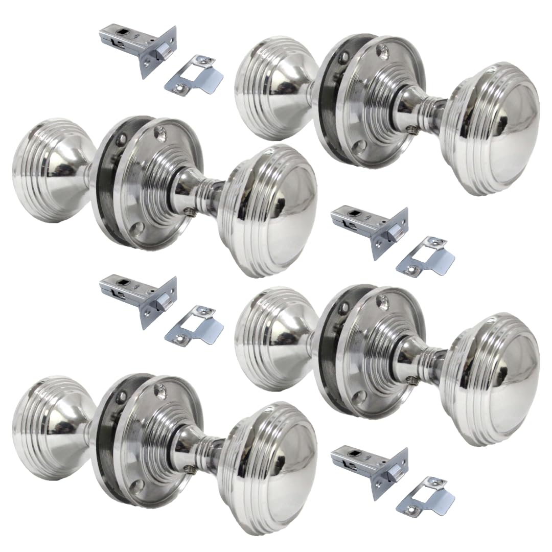 Epsom Door Handle Queen Anne Reeded Mortice Door Knobs, Chrome Round Interior Door Knobs with Tubular Latch (4 Pairs)