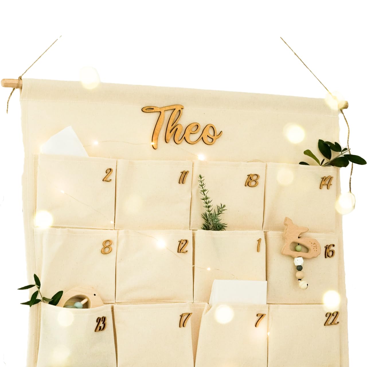 Adventskalender zum befüllen, Wandkalender aus Stoff, Personalisiert mit Name Stoffadventskalender Schriftzug aus Holz
