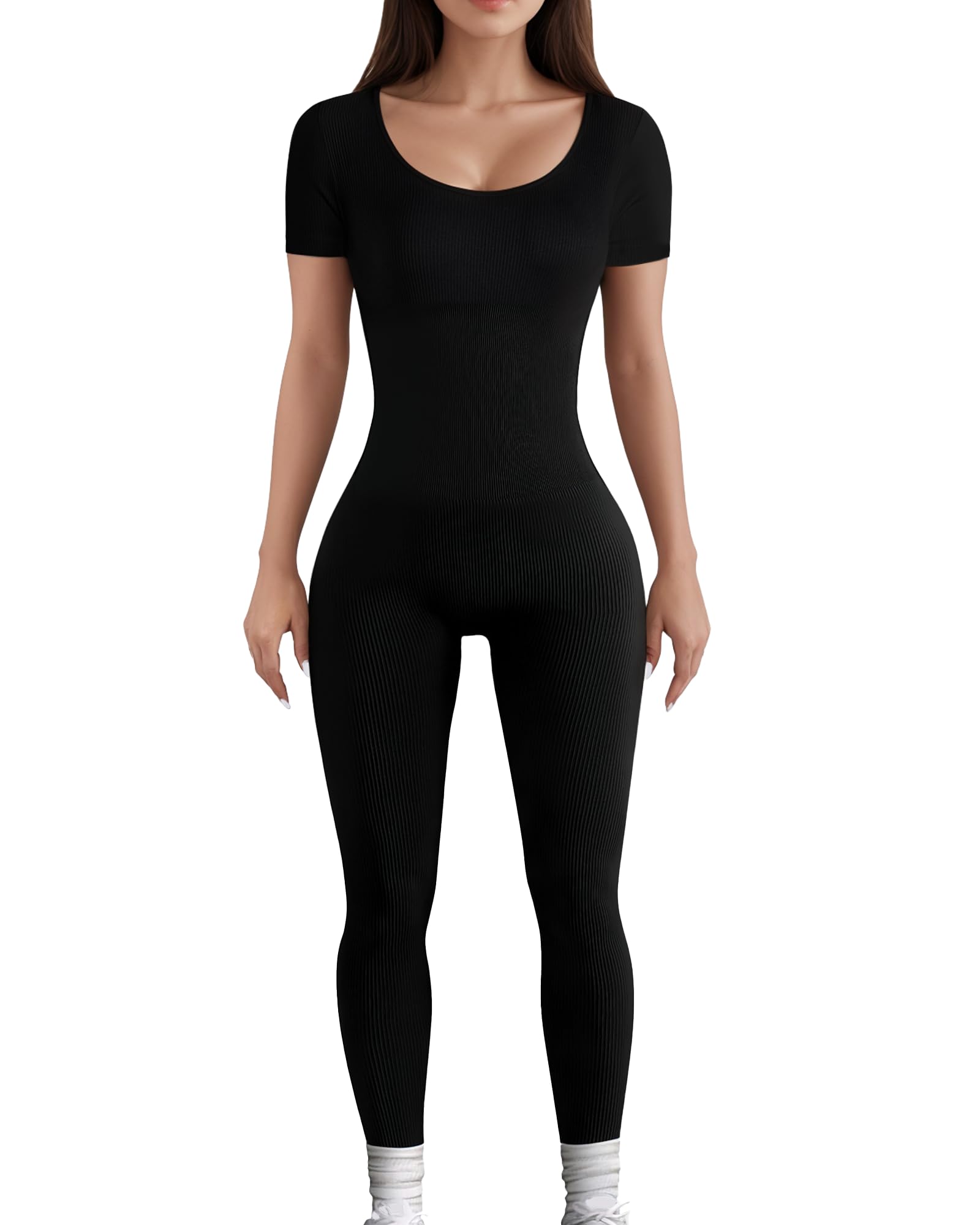 AURUZA Jumpsuit for Women Workout Seamless Jumpsuits Ribbed One Piece Tank Tops Rompers Short Sleeve Exercise Jumpsuits