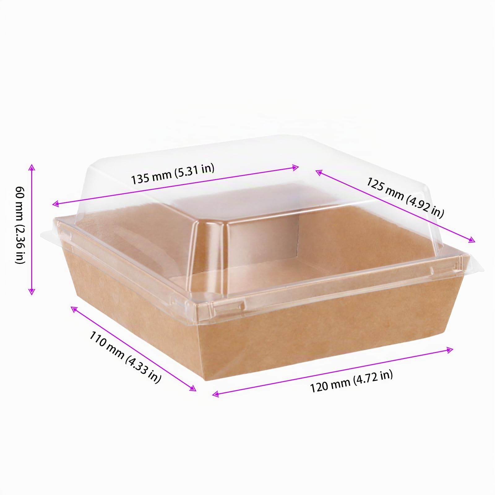 100 cajas cuadradas de papel kraft para tartas de 13,5 x 12,5 x 6 cm, con tapas transparentes de plástico, cajas de postre marrones para cupcakes, sándwiches, galletas