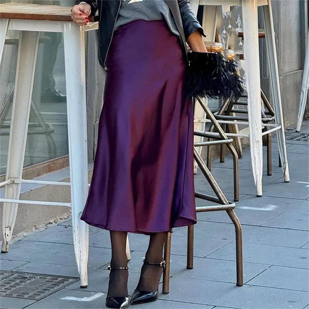 Gonne in raso a vita alta da donna Primavera Solido Drappeggiato Gonne estive Casaul Slim Long Party Gonne