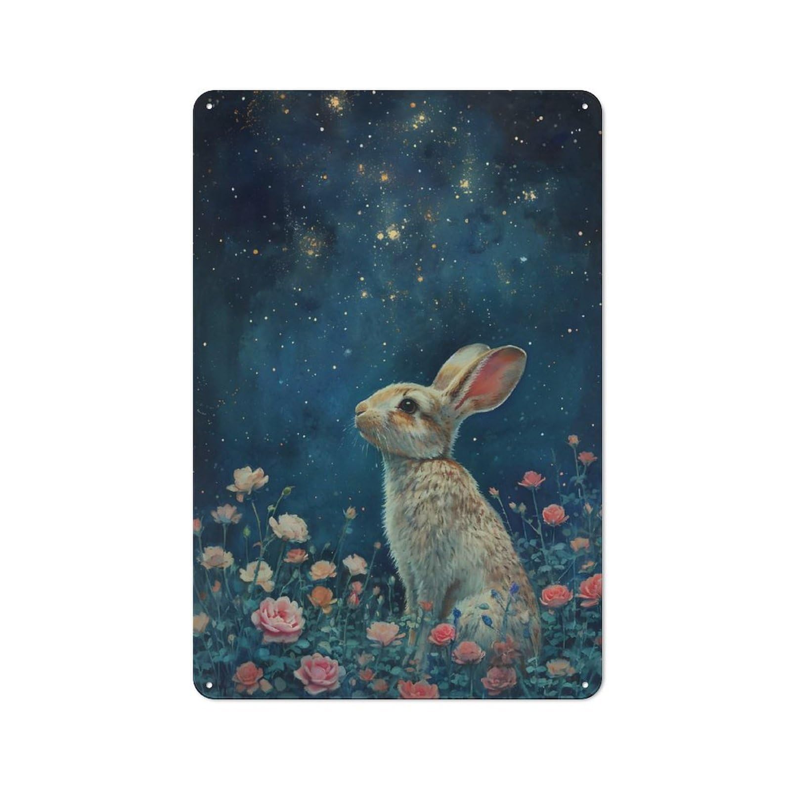 Nostalgic Rabbit Gazing at Stars Metal Wall Plaque 30x20cm, Retro Room Decor for Kitchen, Hallway, Bar Or Small Cafe